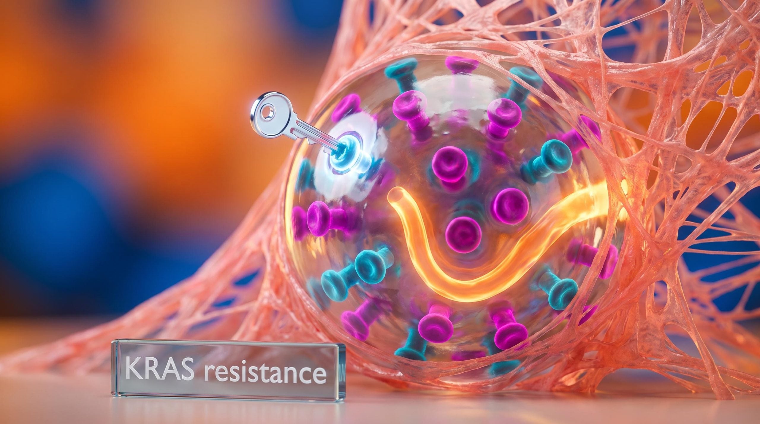 Surreal macro of a tumour cell with blocked receptor and bypass signal, illustrating KRAS resistance in pancreatic cancer