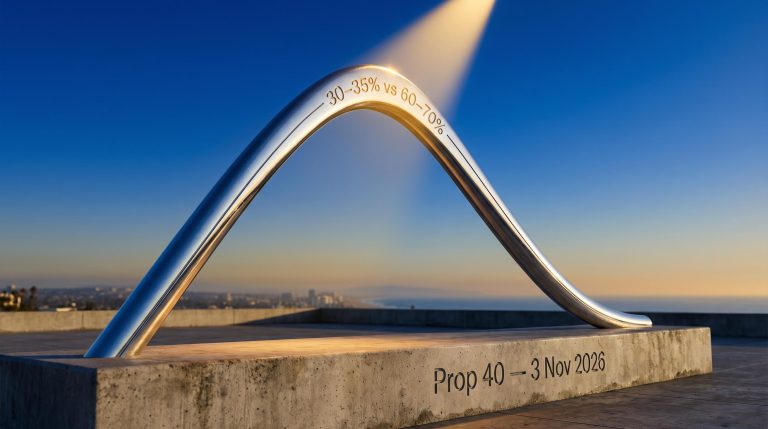 Chrome Laffer Curve sculpture against California sky with "30–35% vs 60–70%" peak debate and Prop 40 Nov 2026