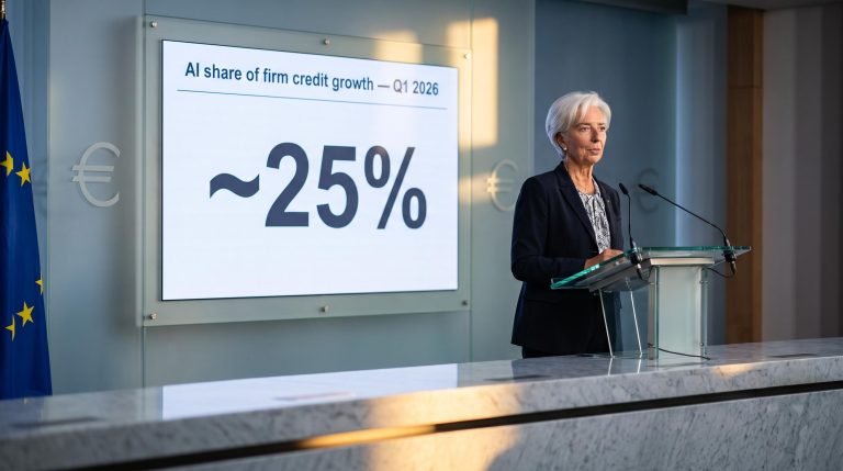Christine Lagarde at ECB briefing with AI credit growth figure '~25%' displayed — Q1 2026 eurozone AI economic impact