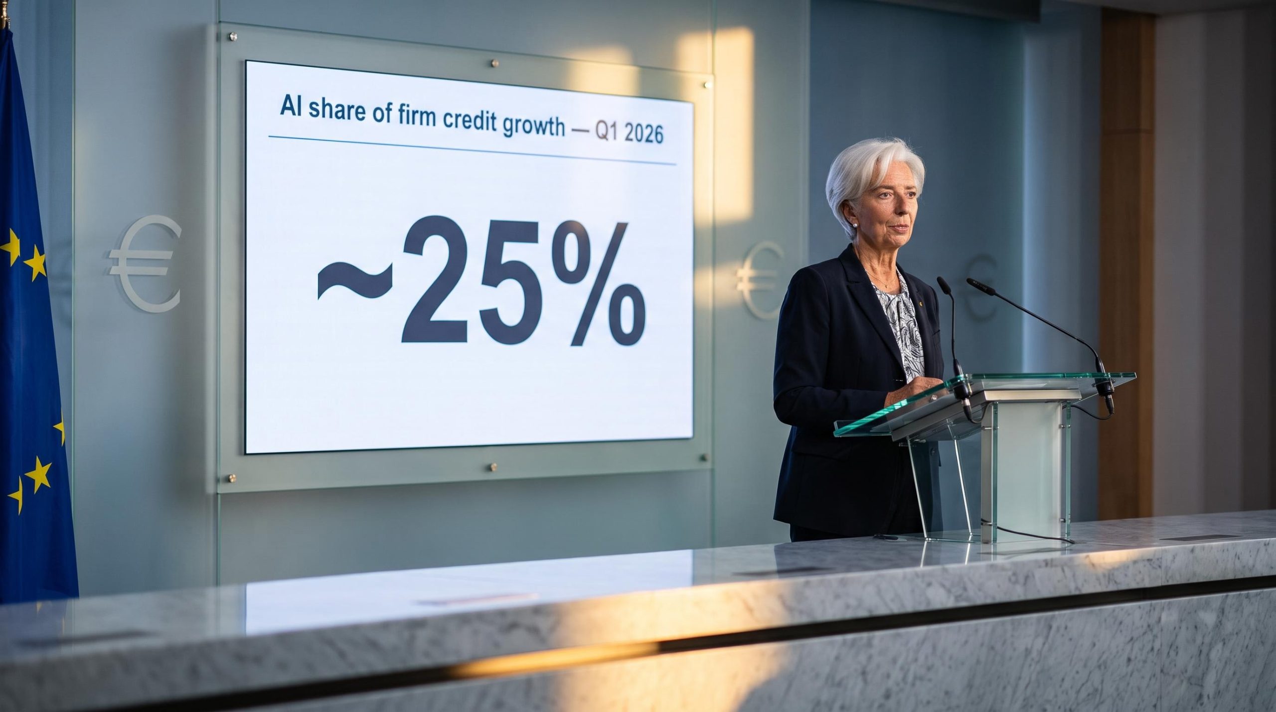 Christine Lagarde at ECB briefing with AI credit growth figure '~25%' displayed — Q1 2026 eurozone AI economic impact