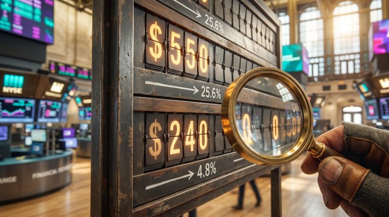 Magnifying loupe over an options board comparing two call strikes, illustrating large options flow break-even gaps