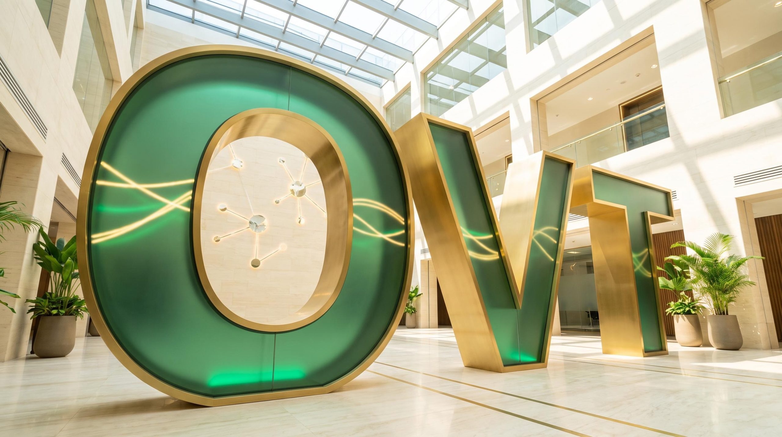 Gold and green lobby letters