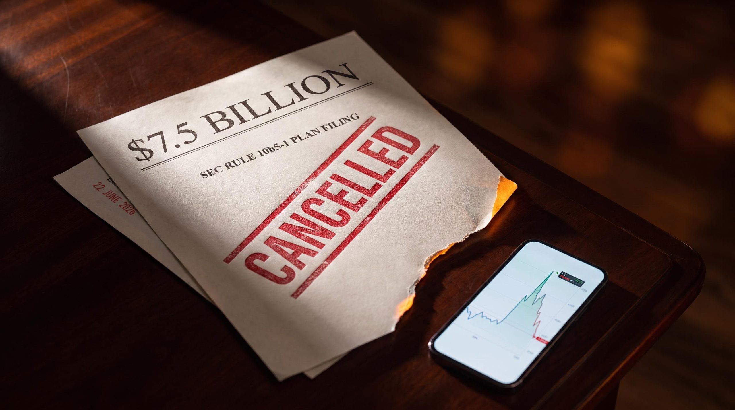 Cancelled $7.5 billion Larry Ellison Oracle stock sale plan filing stamped in red, smartphone shows price reversal