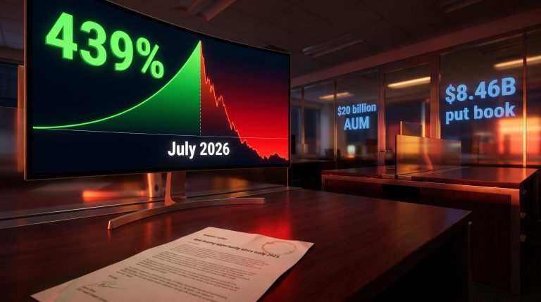 Leopold Aschenbrenner fund trading screen showing 439% gain curve collapsing in July 2026 with $20B AUM overlay