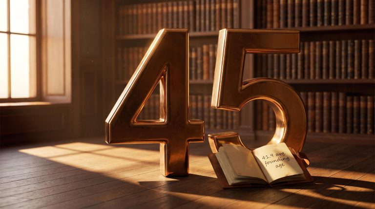 Bronze '45' sculpture in a warm library — the average age of top 0.1% startup founders, challenging lessons from successful founders myths