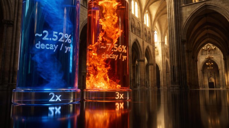 Two glass columns showing leveraged ETF decay rates — 2.52% at 2x versus 7.56% at 3x — long-term leverage concept