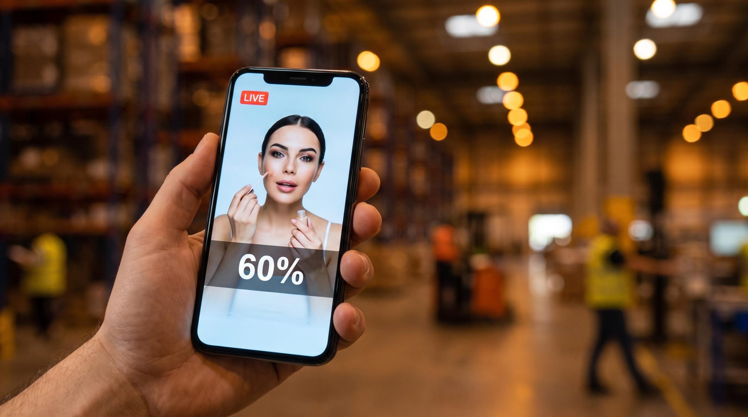 Smartphone live commerce broadcast showing 60% penetration figure against warehouse fulfillment backdrop