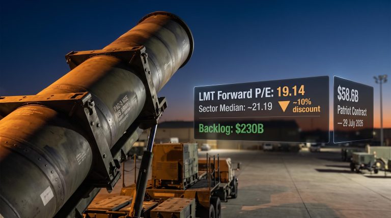 Patriot PAC-3 missile launcher with LMT forward P/E 19.14 and $230B backlog data panels — Lockheed Martin stock analysis