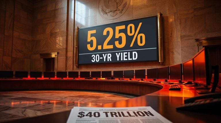 Treasury auction hall yield board showing 5.25% 30-year rate as long-end yields rise to 2007 highs