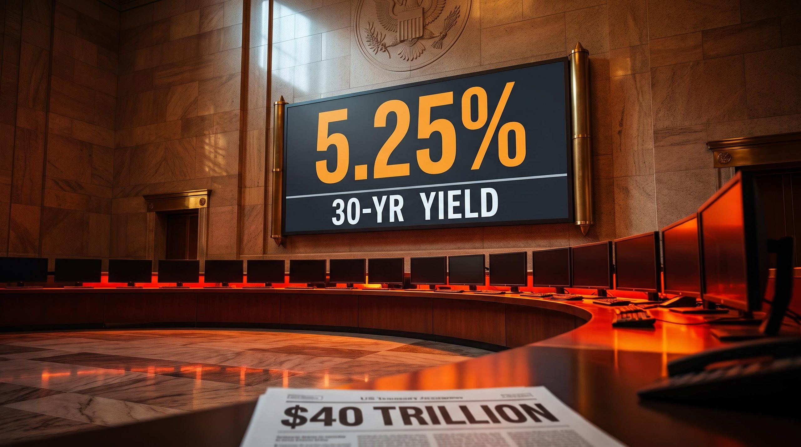Treasury auction hall yield board showing 5.25% 30-year rate as long-end yields rise to 2007 highs