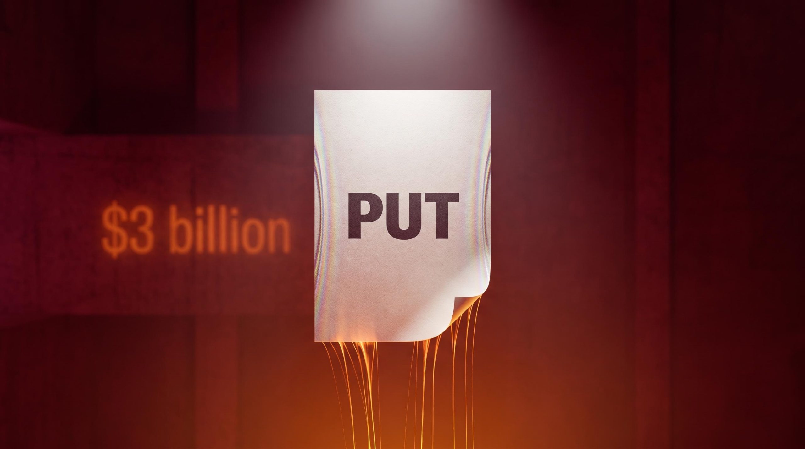 Options PUT contract suspended under theta decay and volatility crush forces, with $3 billion loss figure in background