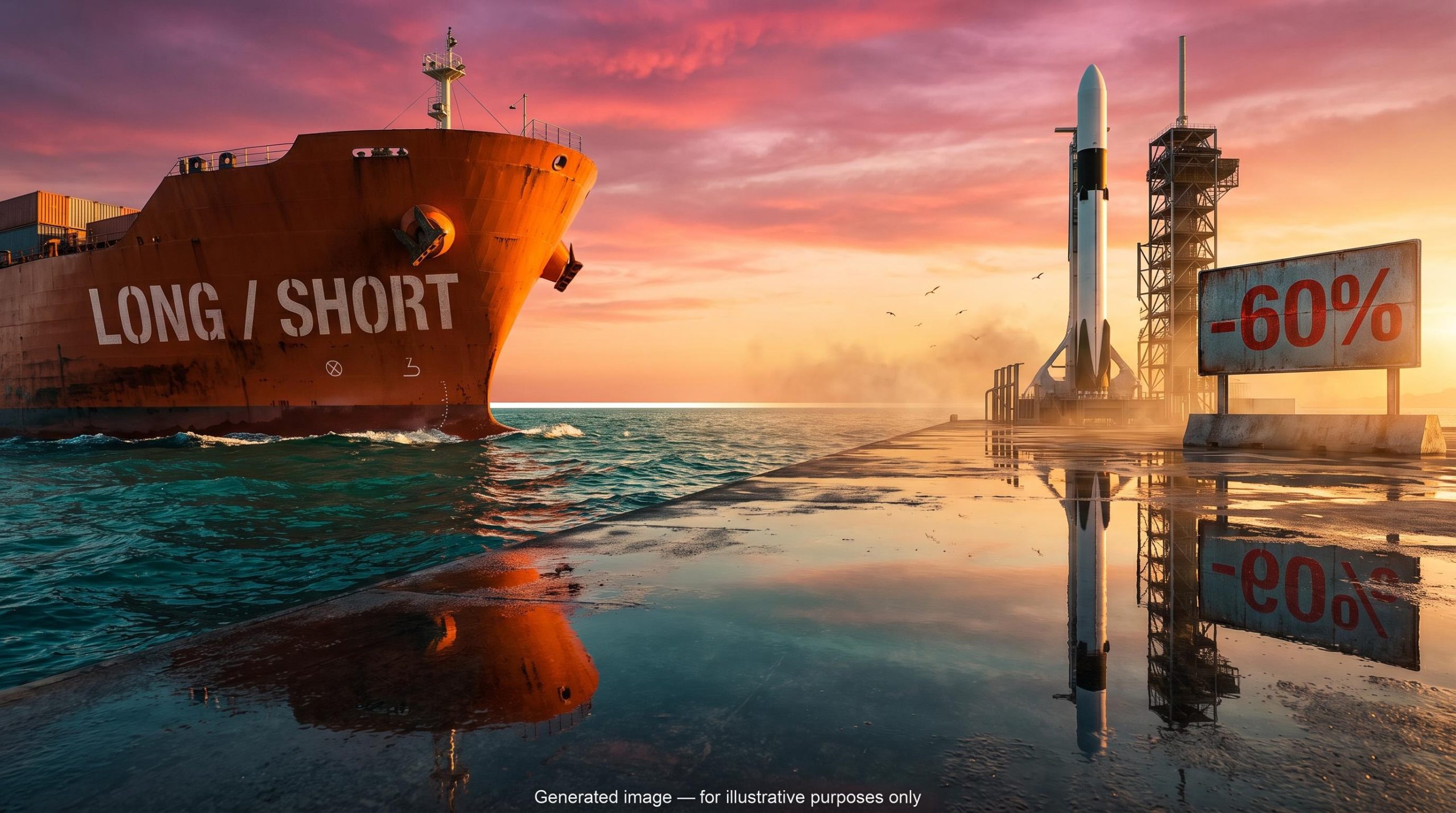 Cargo ship and rocket mirrored across a sunset horizon, illustrating long short investing with a -60% short exposure sign