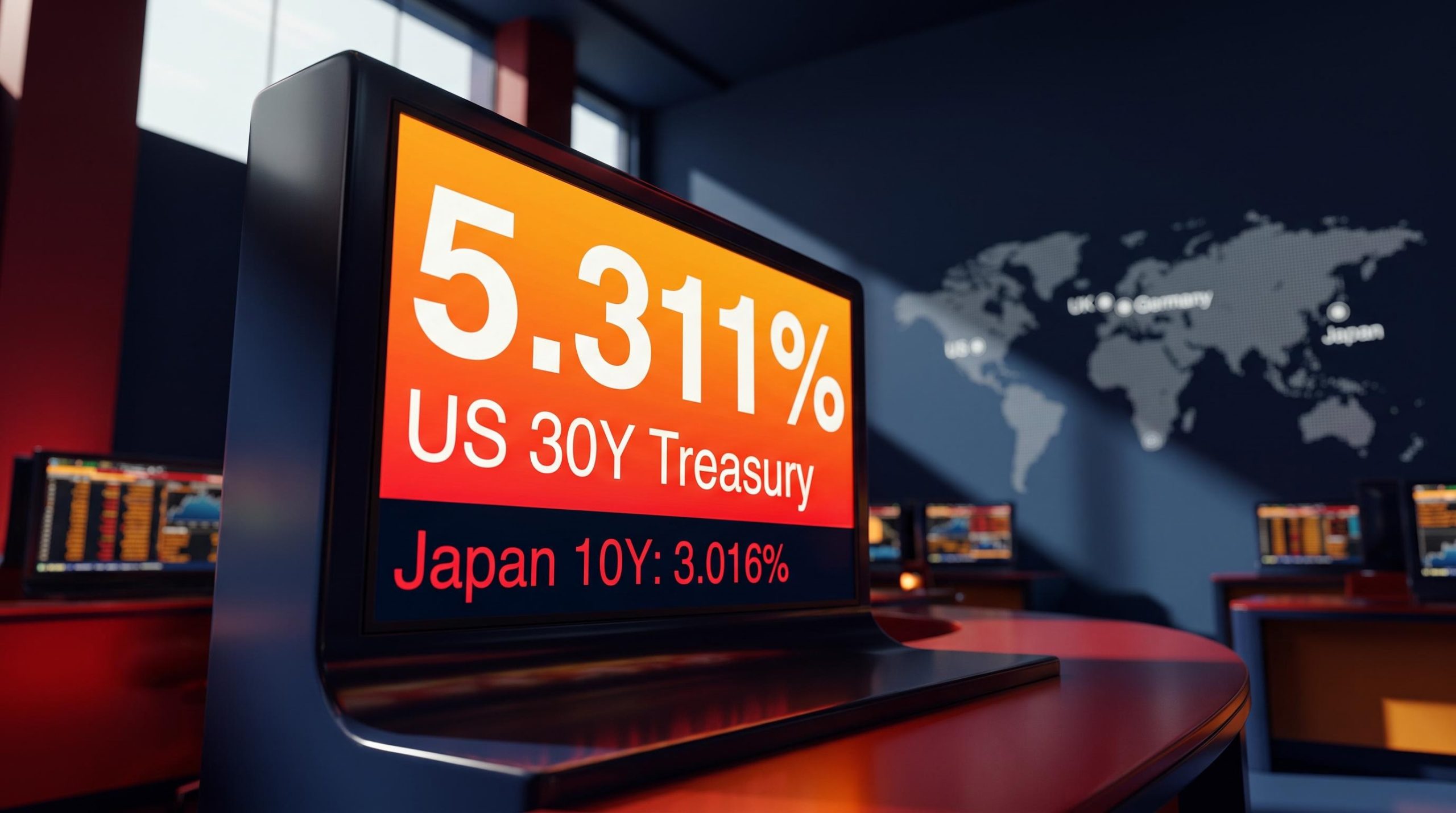 Bond trading terminal displaying US 30-year Treasury yield at 5.311% as long-term interest rates 2026 hit multi-decade highs