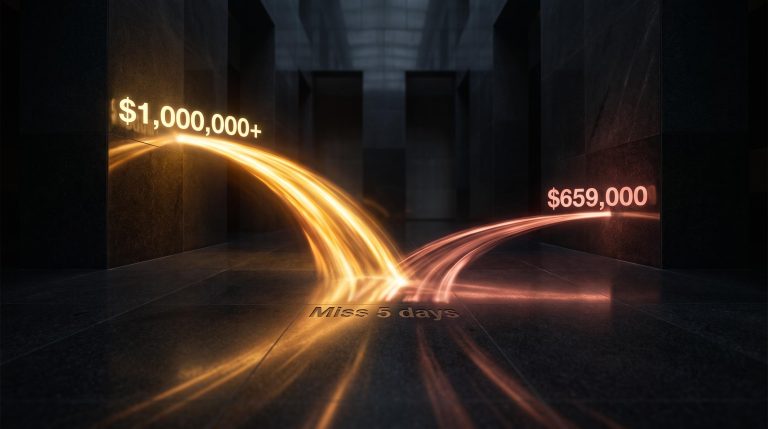 Two diverging light paths show long-term investing outcome: $1,000,000+ vs $659,000 from missing just 5 market days