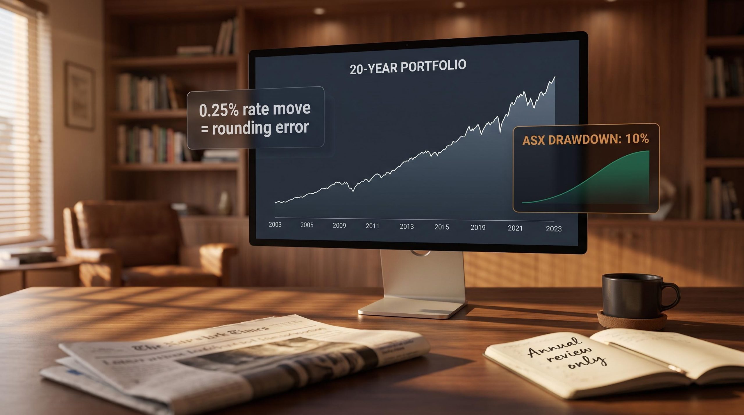 Long-term investing portfolio monitor showing 20-year growth chart with short-term rate noise filtered out on desk