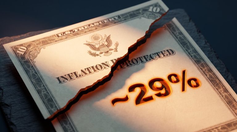 30-year TIPS bond certificate splitting apart with ~29% rate duration risk figure etched into surface