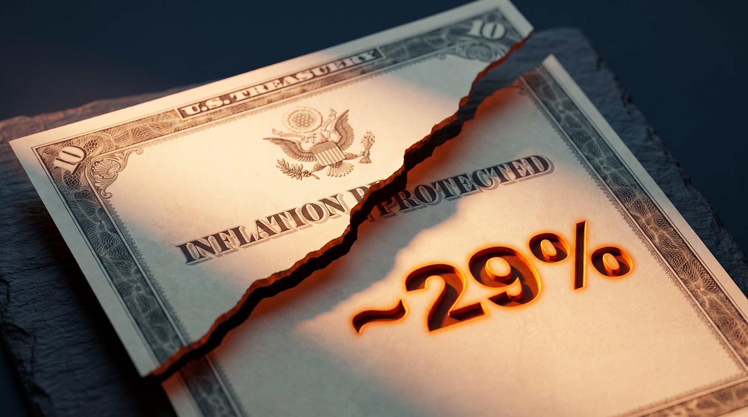 30-year TIPS bond certificate splitting apart with ~29% rate duration risk figure etched into surface