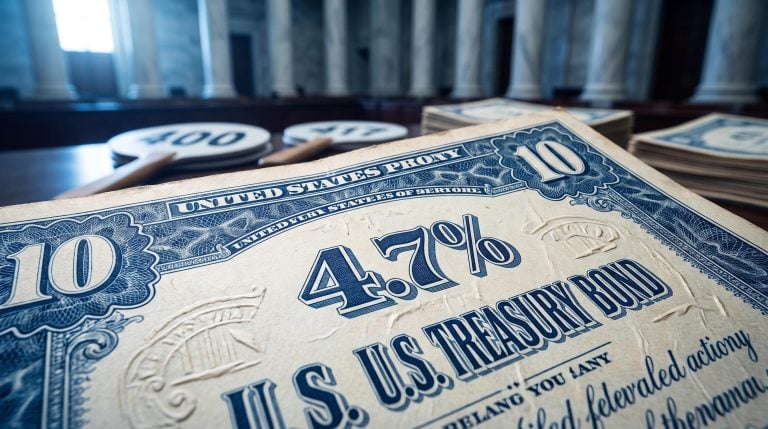 10-year Treasury yield at 4.7% despite 175bps of Fed cuts, with bond auction hall in background