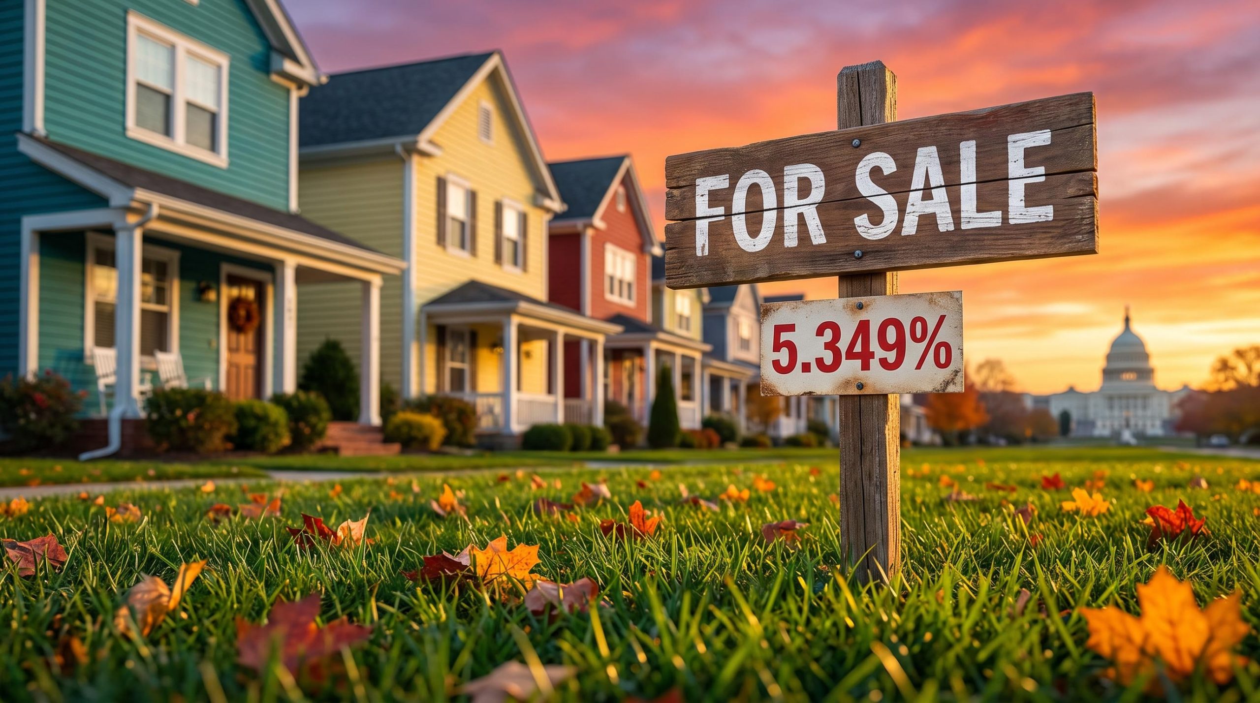 Home for-sale sign showing 5.349% against a sunset street, illustrating long-term Treasury yields raising mortgage costs