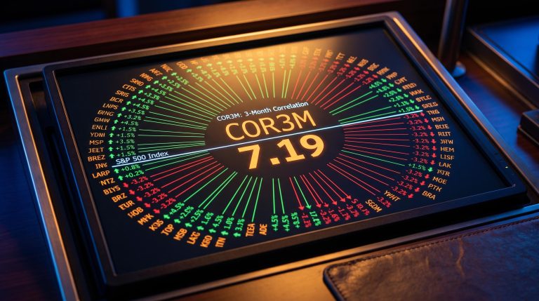 Financial terminal showing COR3M record low of 7.19 with diverging stock tickers and a flat S&P 500 line — low correlation market analysis