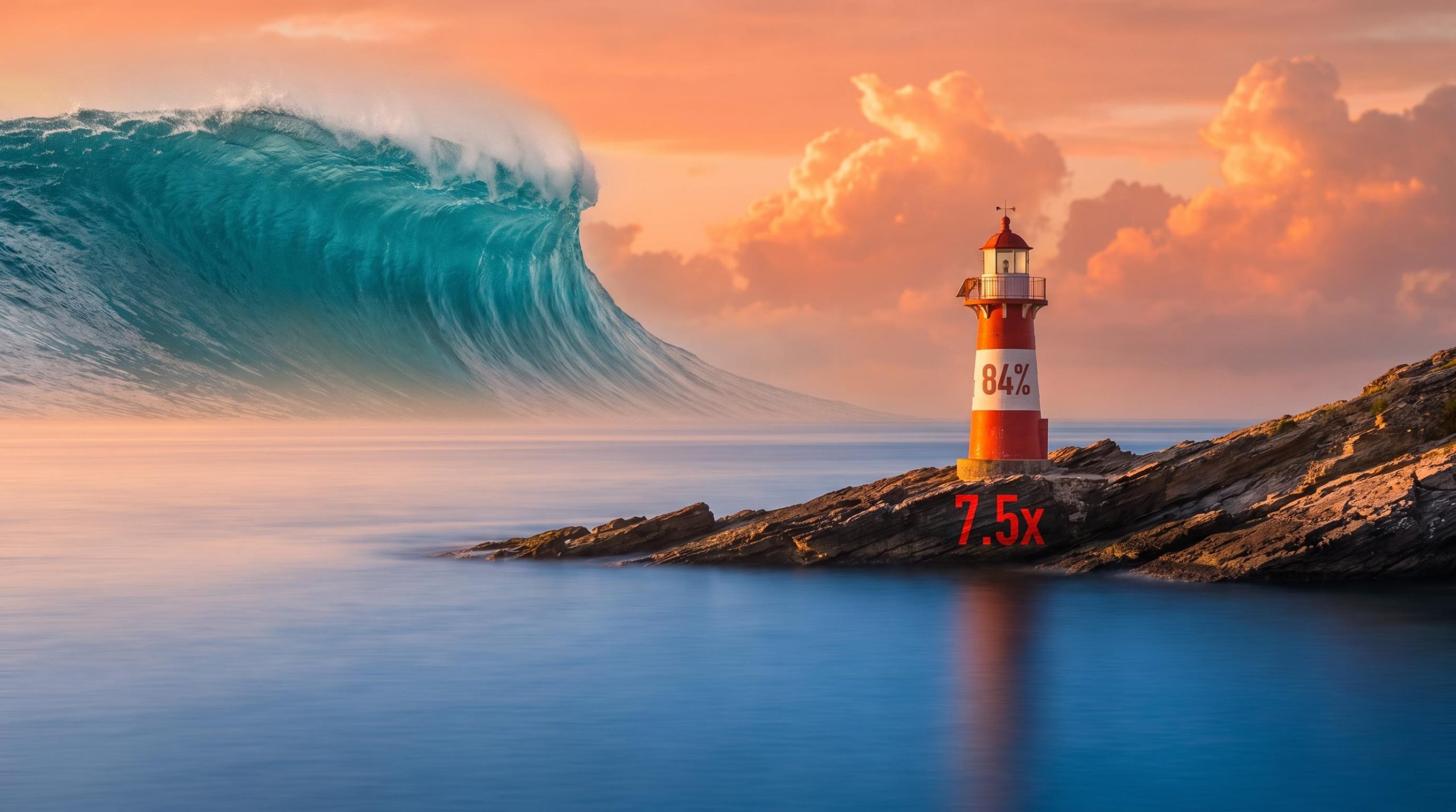 Calm sea and lighthouse with a giant distant wave, showing 84% and 7.5x to illustrate low delta strangles tail risk