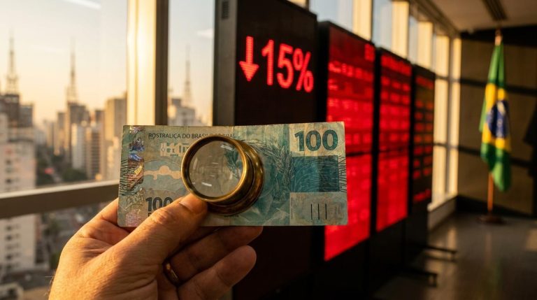 Brazilian real banknote under a loupe before red trading screens showing 15% as the Lula runoff market reaction unfolds
