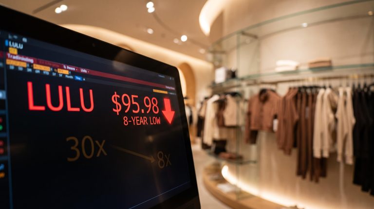 LULU trading terminal showing $95.98 at an eight-year low against a blurred premium retail interior