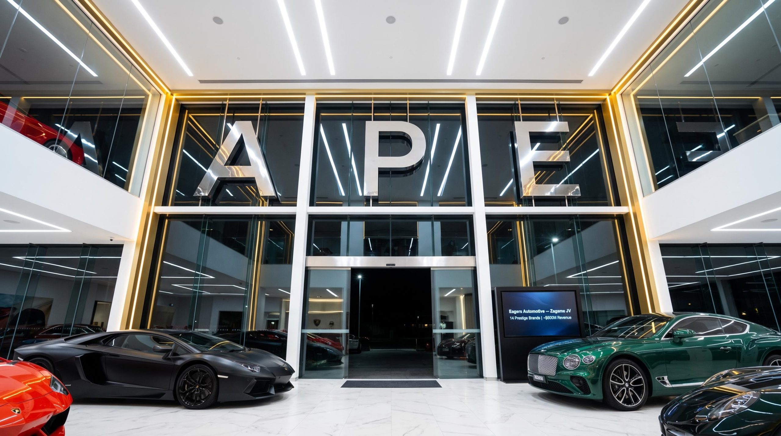 Cars in showroom with lights