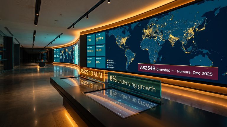 Macquarie Asset Management A$722.1B infrastructure portfolio data wall showing 8% AUM growth and 19-market global footprint