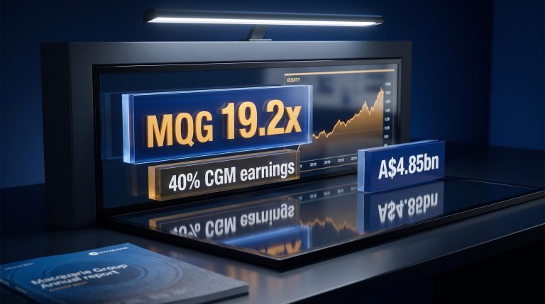 Macquarie Group MQG data panels showing 19.2x earnings multiple and 40% commodities concentration during CEO succession