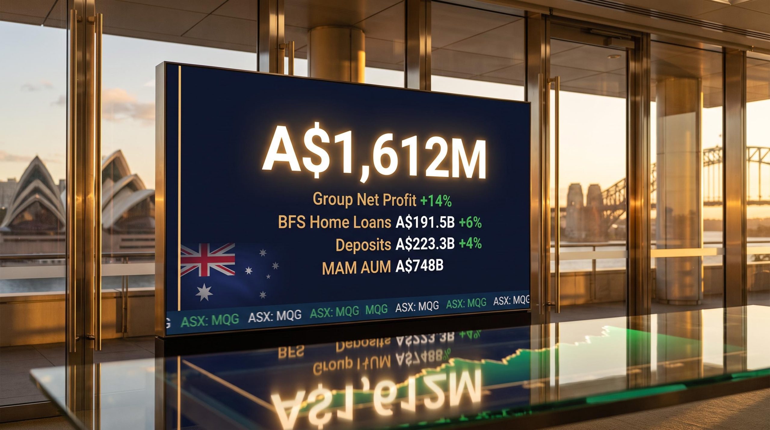 Macquarie Group Q1 FY27 net profit A$1,612M 14% displayed on financial screen, Sydney skyline backdrop