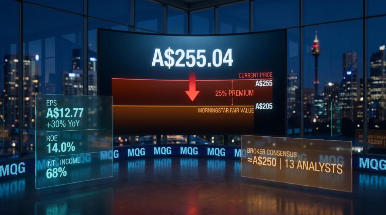 Macquarie Group stock A$255 shown against Morningstar fair value A$205 with 25% premium gap on financial screen