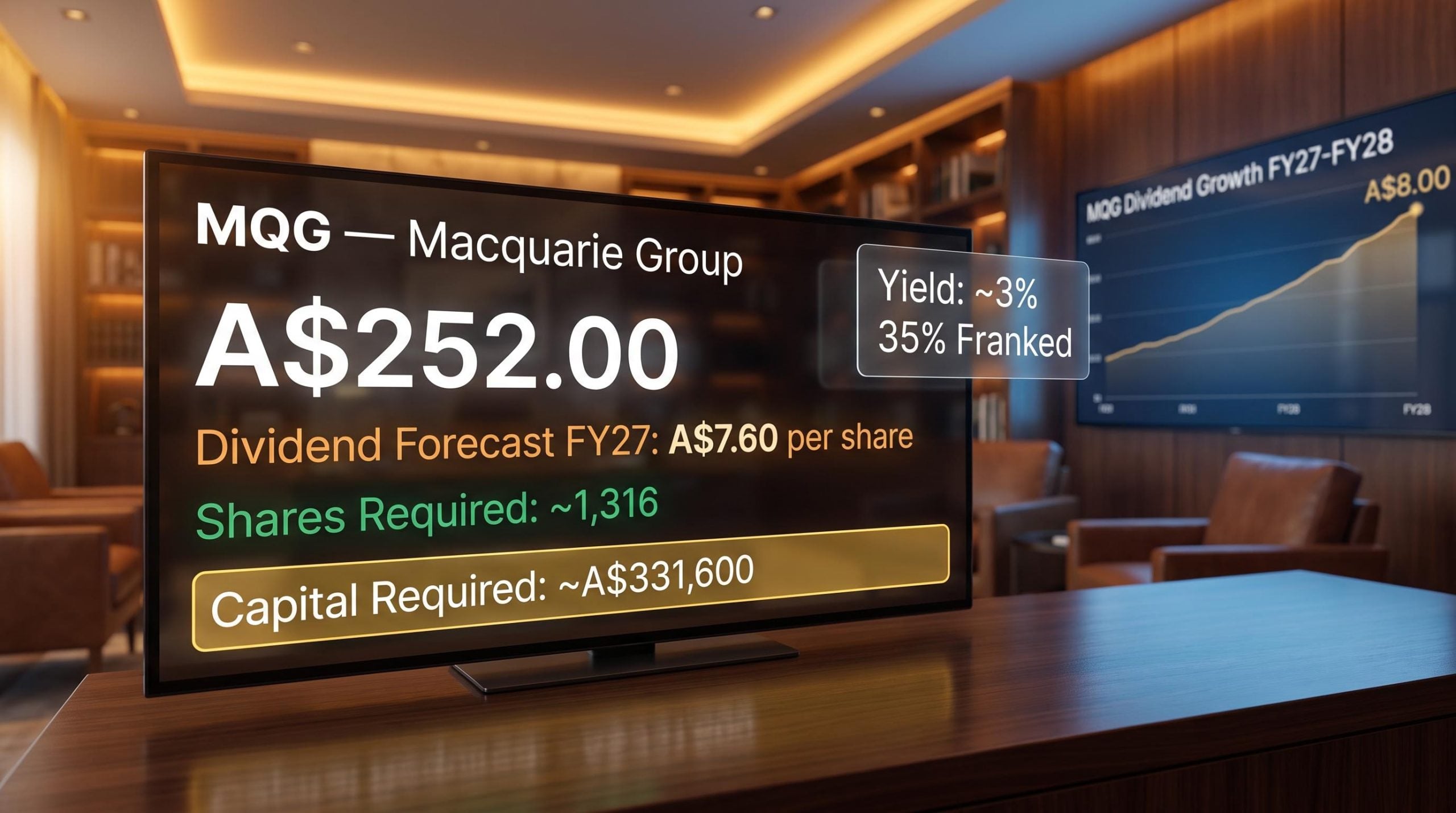 Macquarie Group MQG share screen showing A$331,600 capital and 1,316 shares needed for A$10,000 passive income