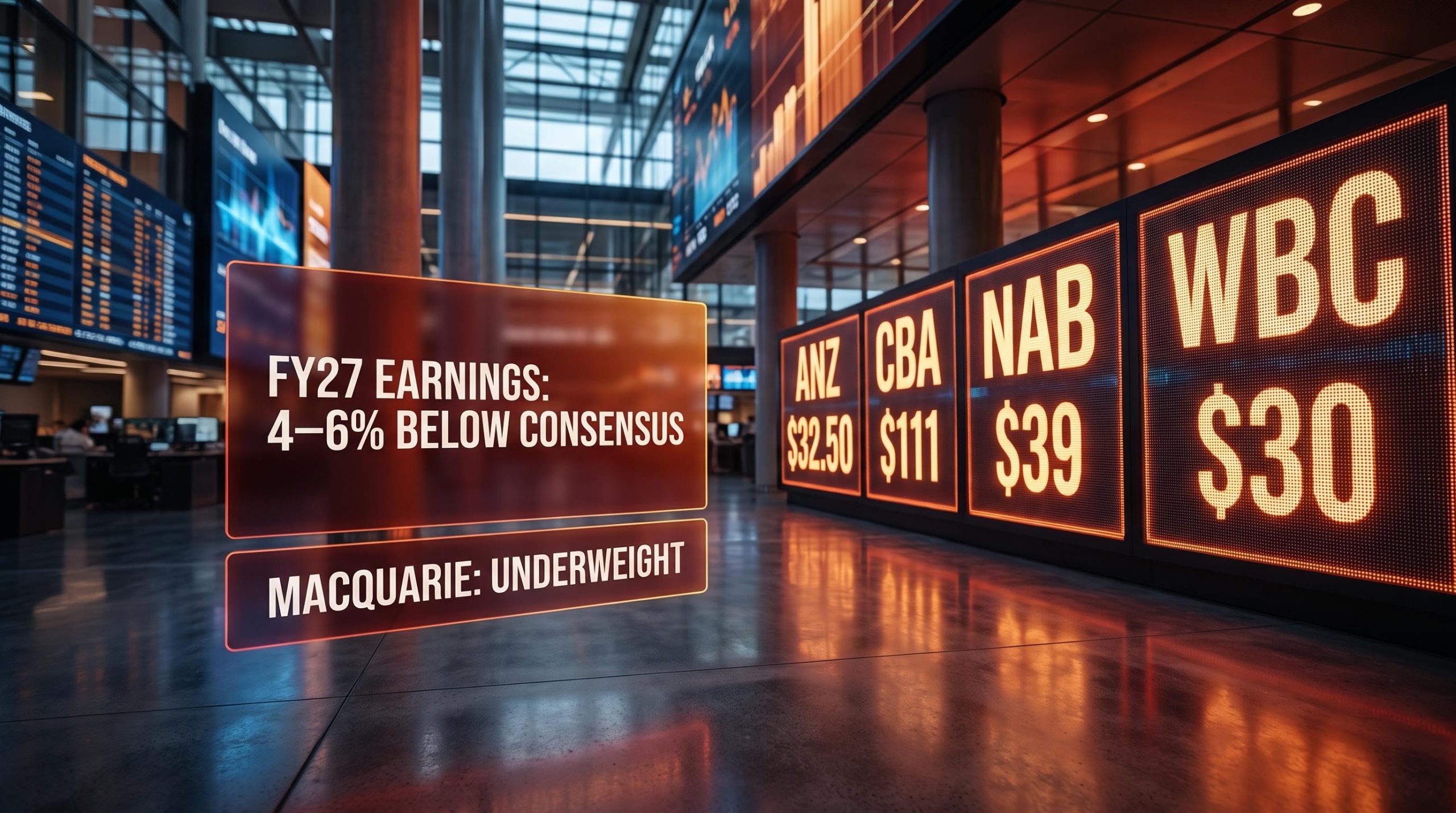 Macquarie underweight call on ASX Big Four banks with FY27 earnings forecasts 4–6% below consensus