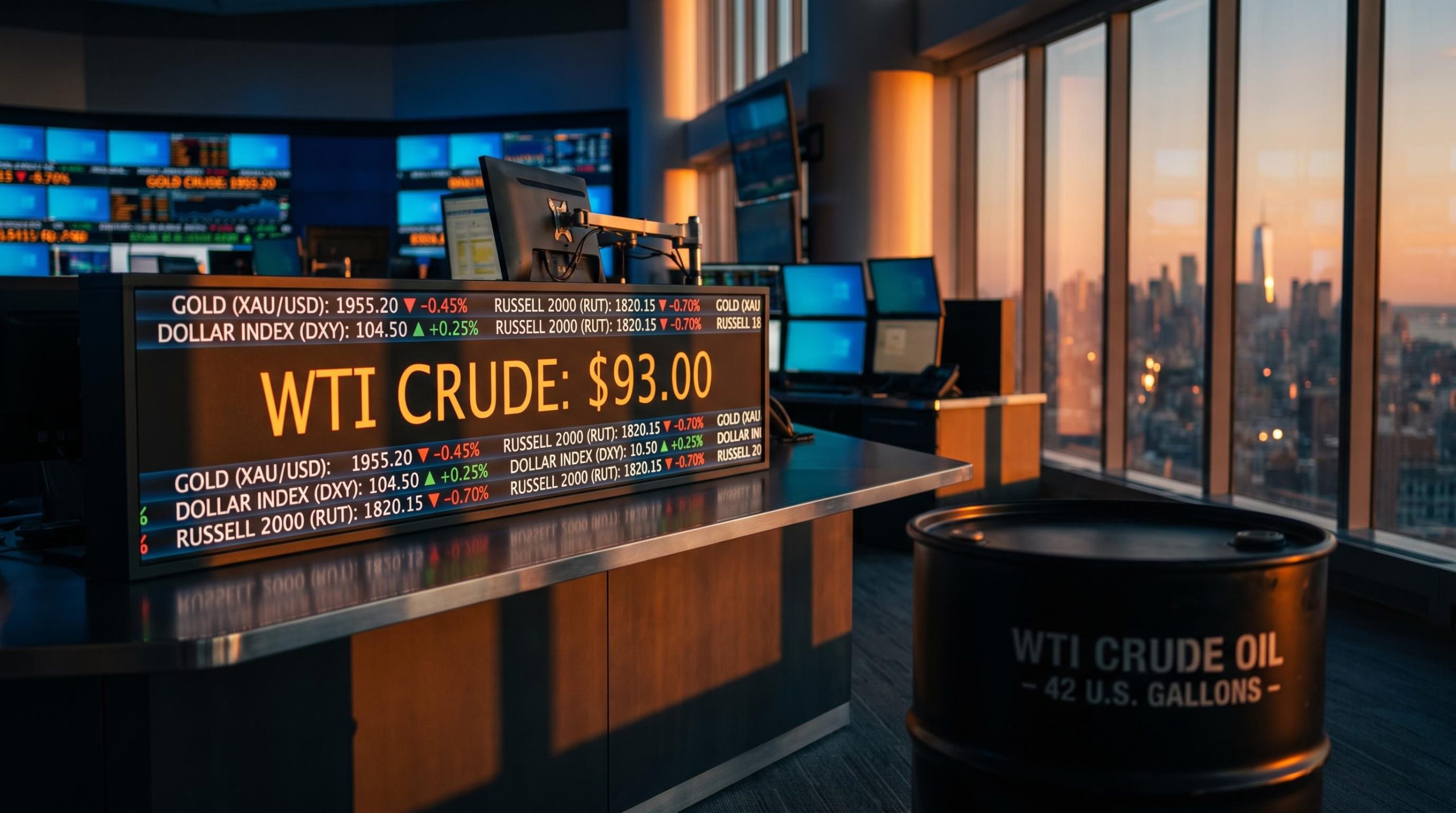 WTI crude oil price at $93 on a trading terminal with multi-asset data in a macro investing strategy explainer