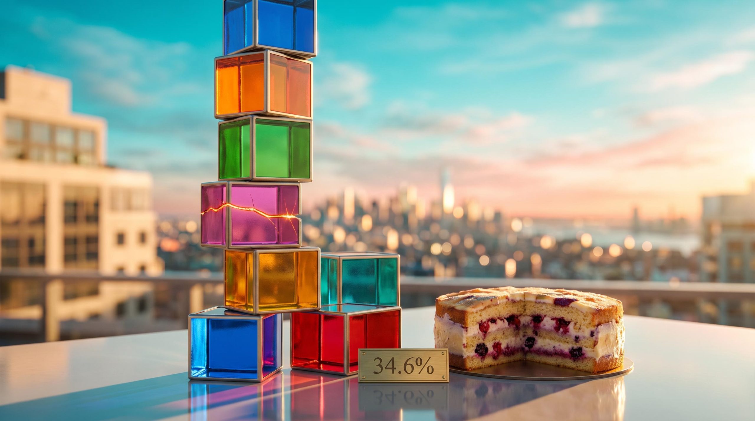 Seven colourful glass cubes beside a cake wedge marked 34.6%, illustrating magnificent seven stocks risk in the S&P 500