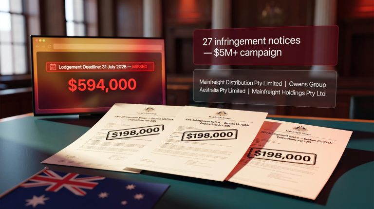 Three ASIC infringement notices totalling $594,000 issued to Mainfreight Group subsidiaries for missed July 2025 deadline