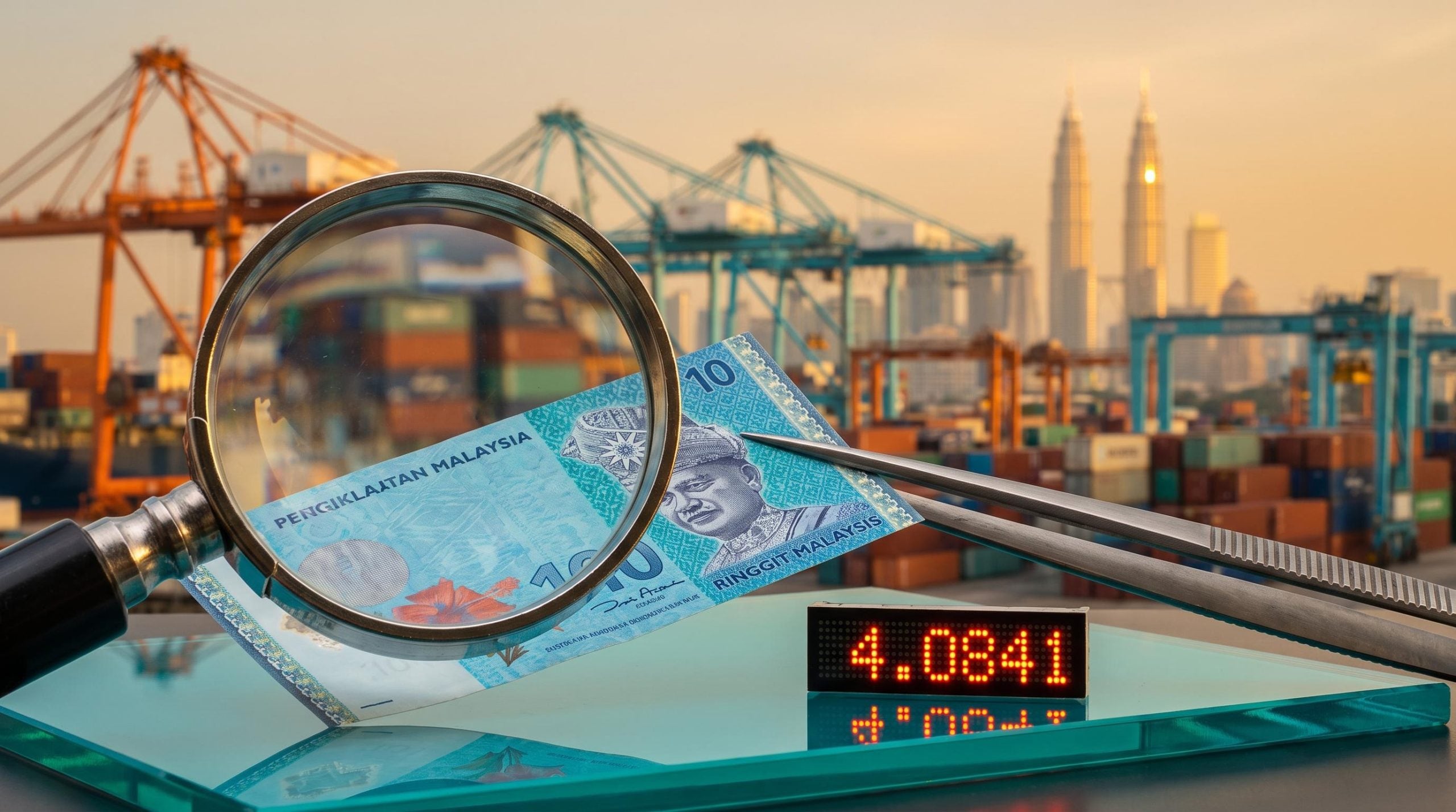 Magnifying loupe over a Malaysian ringgit note with a 4.0841 ticker and port cranes behind, illustrating the ringgit outlook