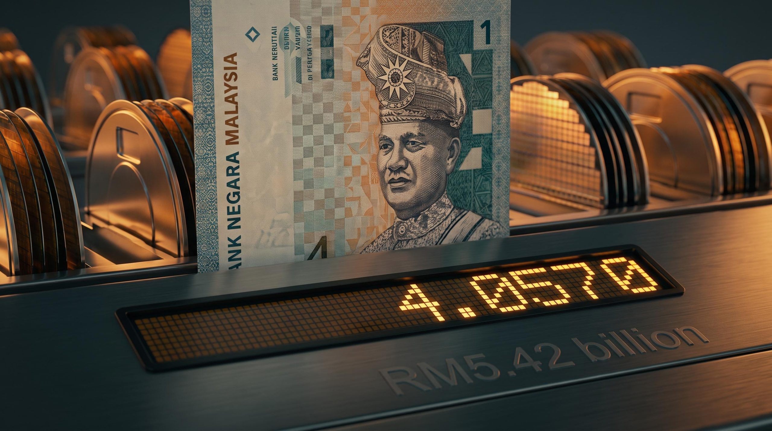 Malaysian Ringgit banknote at 4.0570 against semiconductor wafers, amid RM5.42 billion equity outflows analysis