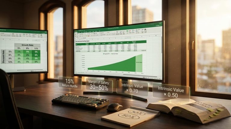 Value investor's DCF workstation showing 15% return hurdle and 30–50% margin of safety stock valuation panels