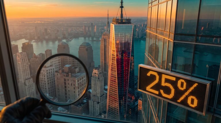 Sunlit skyline with one dominant tower and dim buildings beside a "25%" ticker, illustrating a market breadth breakdown