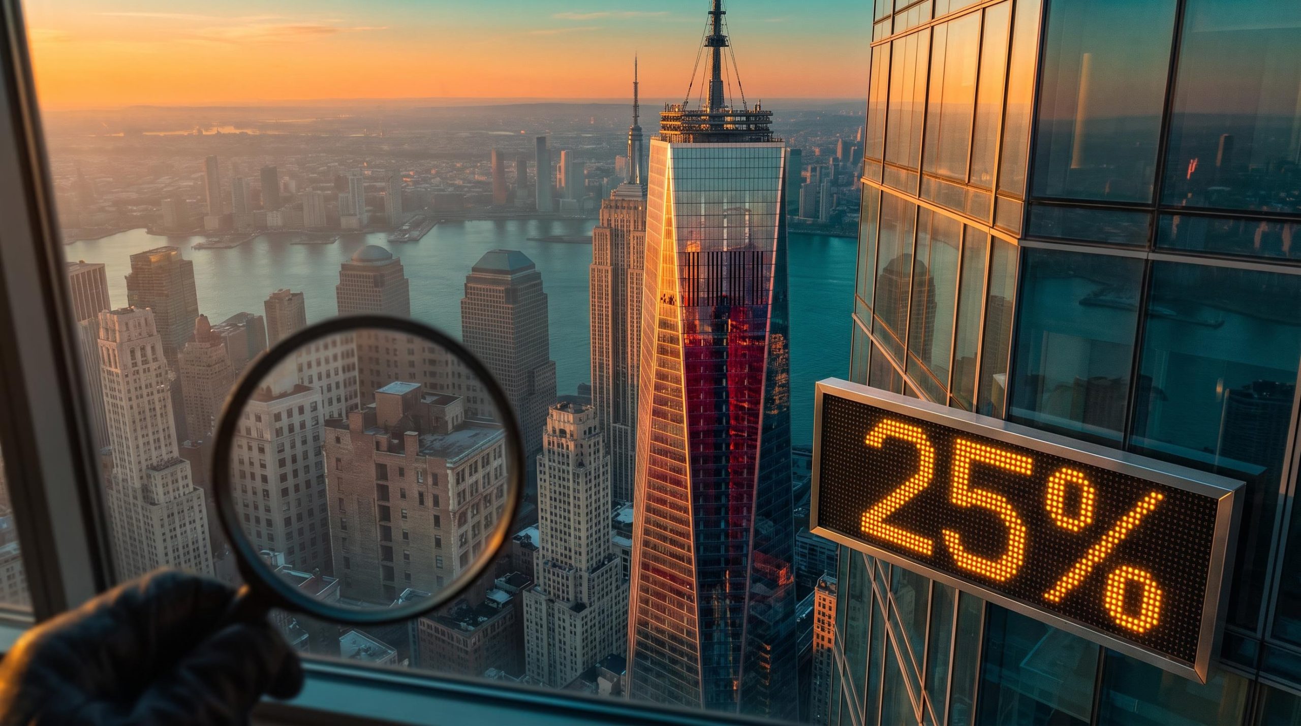 Sunlit skyline with one dominant tower and dim buildings beside a "25%" ticker, illustrating a market breadth breakdown