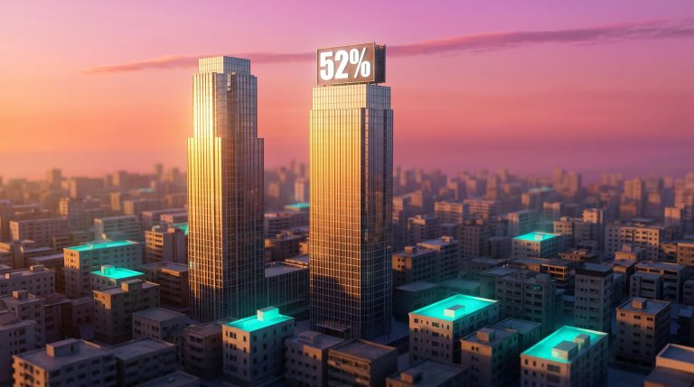 Lone glowing skyscraper towering over dim city lit with "52%" sign, illustrating market breadth indicators and narrow leadership