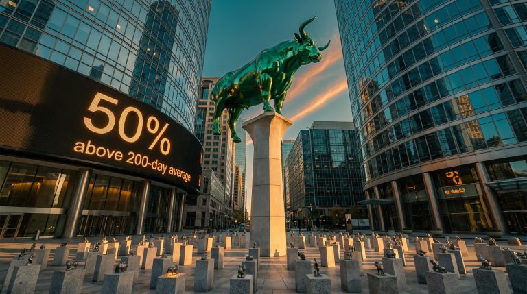 Towering bull statue above small pedestals with "50%" ticker, showing market breadth lagging behind record index highs