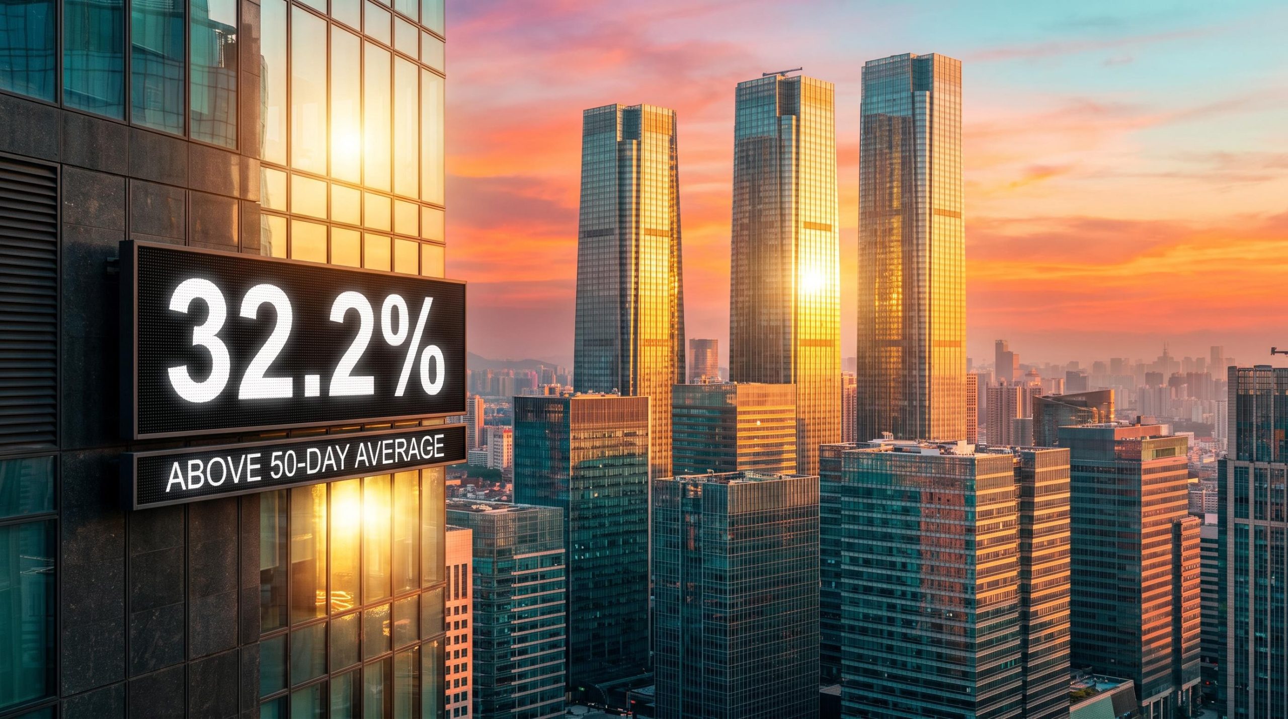 Few sunlit skyscrapers tower over shaded blocks beside a 32.2% ticker, illustrating weak market breadth beneath the S&P 500