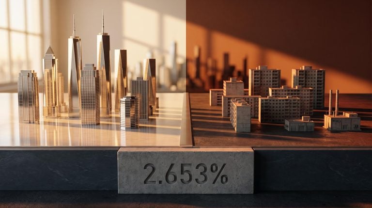 Split diorama of soaring and struggling market sectors with 2.653% TIPS real yield etched in foreground — market breadth problem visualised