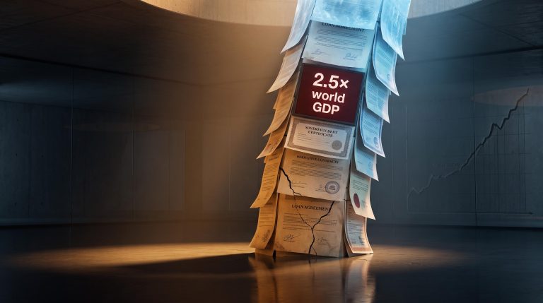 Towering stack of debt instruments with "2.5× world GDP" display — visual of Hunter's market crash forecast leverage risk
