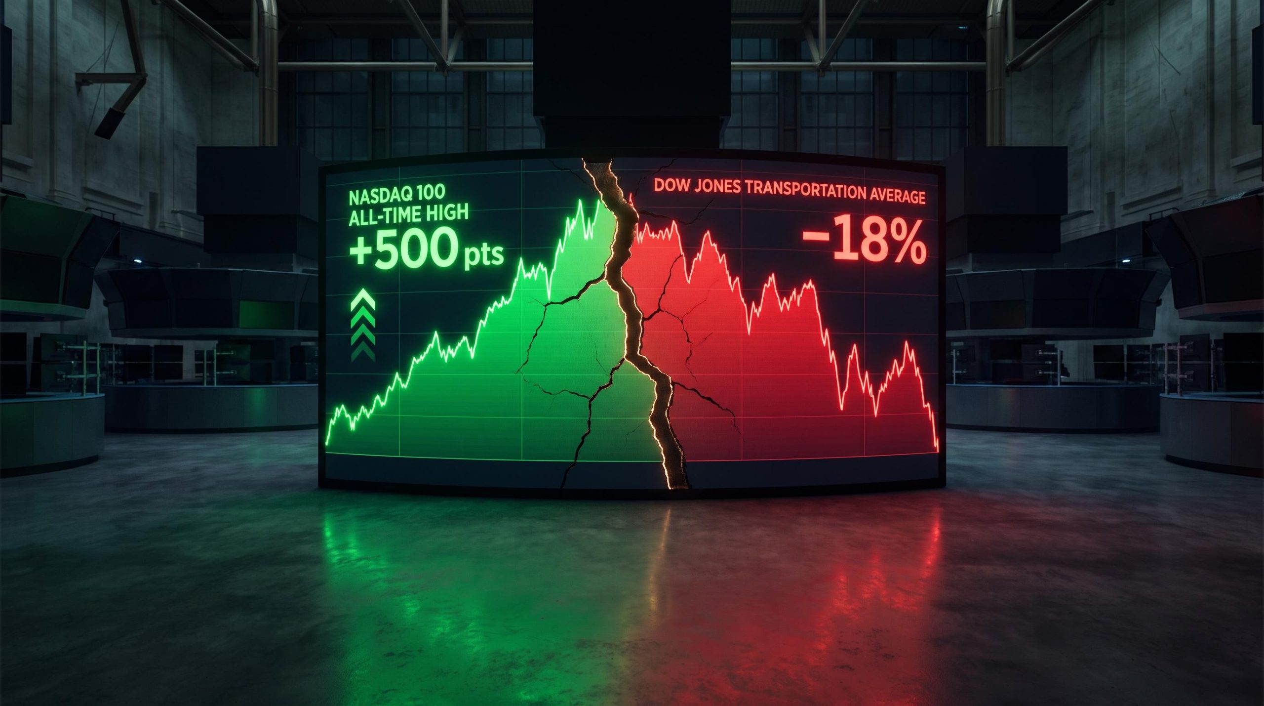 Cracked trading screen showing Nasdaq +500 pts in green vs DJTA −18% in red, visualising market divergence