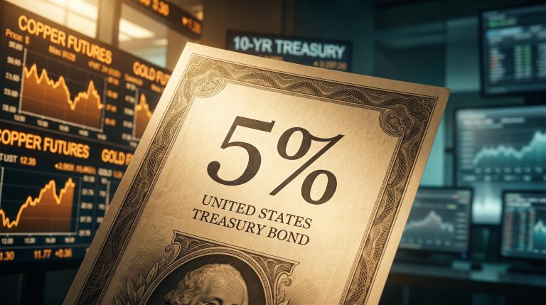 Oversized U.S. Treasury bond showing 5% yield as capital rotates from tech into value stocks and commodities in 2026