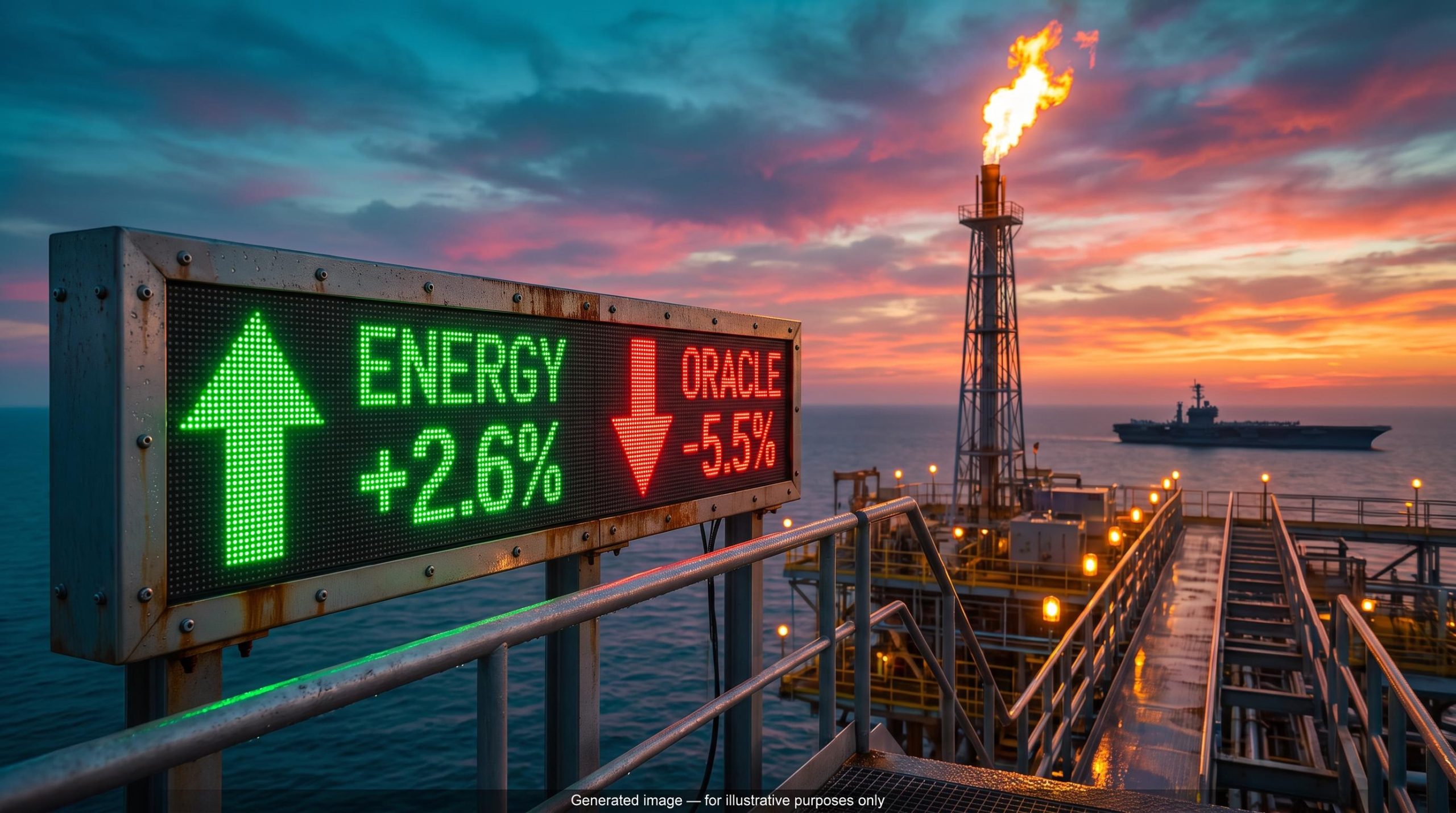 Offshore oil platform with energy +2.6% and Oracle -5.5% price boards, showing the market rotation from tech to energy